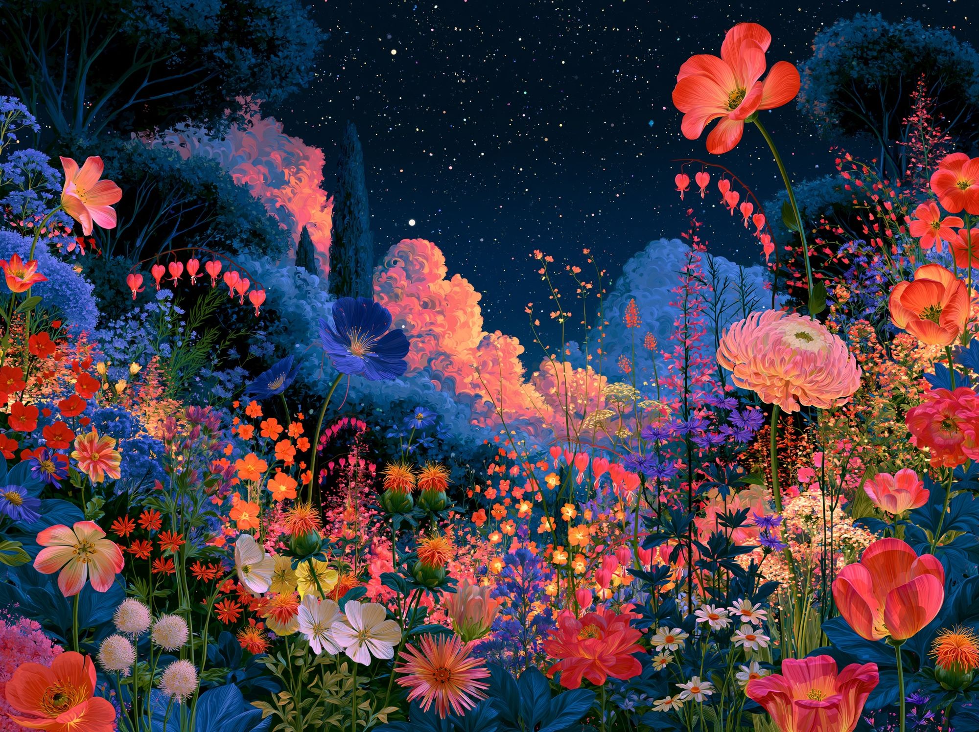 Starry Floral Garden Illustration Poster. poster detail
