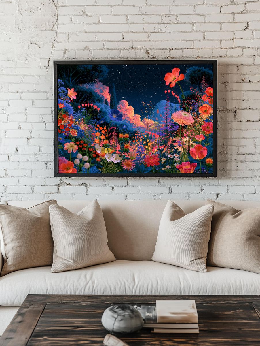 Starry Floral Garden Illustration Poster. — room view 1