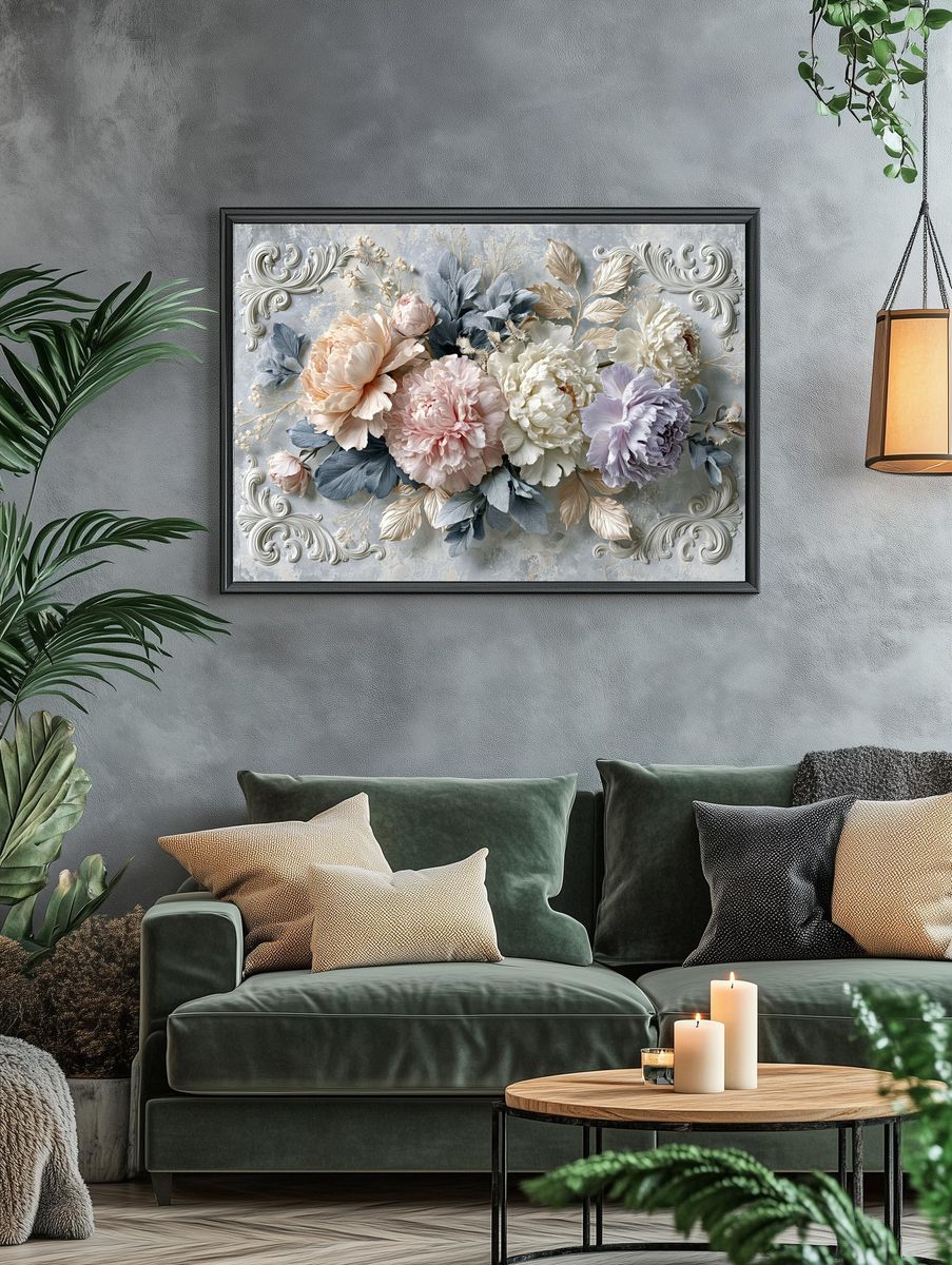 Pastel Peony Bouquet Illustration Poster. — room view 4