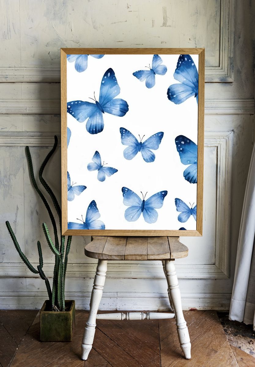 Blue Butterflies Watercolor Print. — room view 1