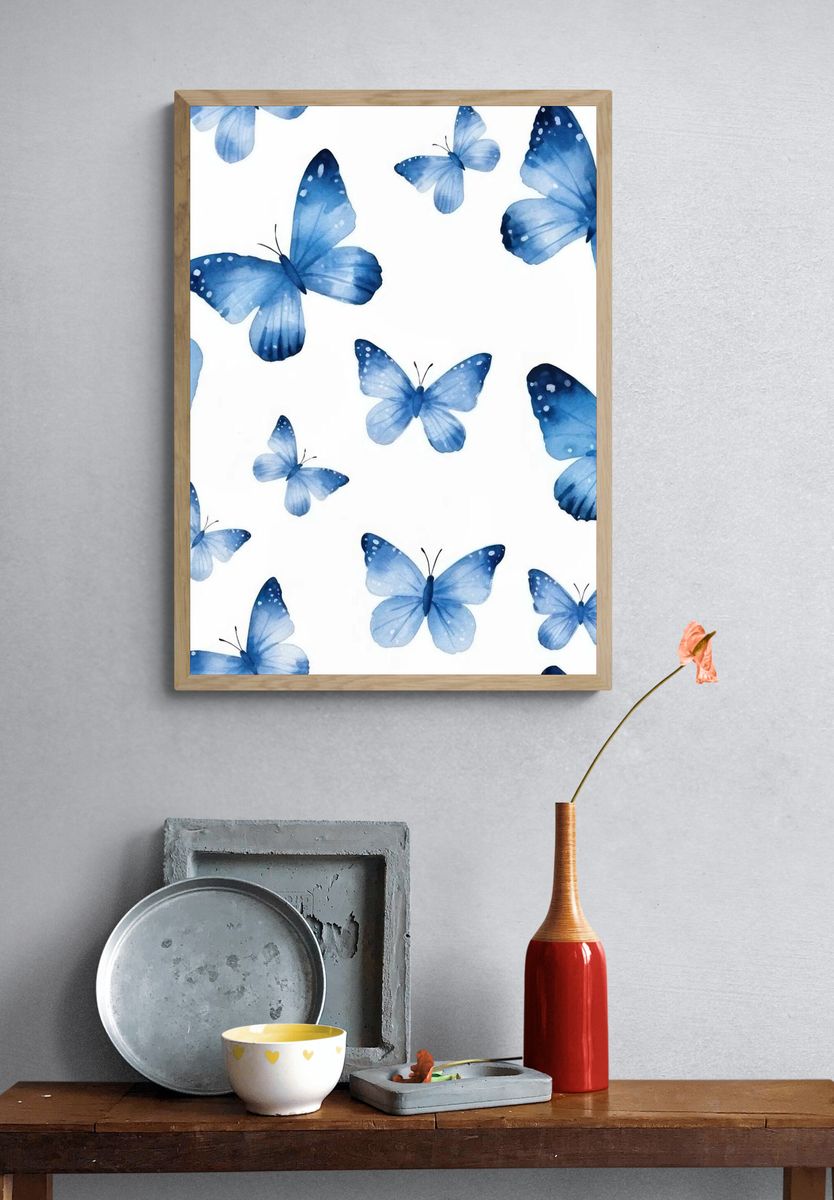 Blue Butterflies Watercolor Print. — room view 3
