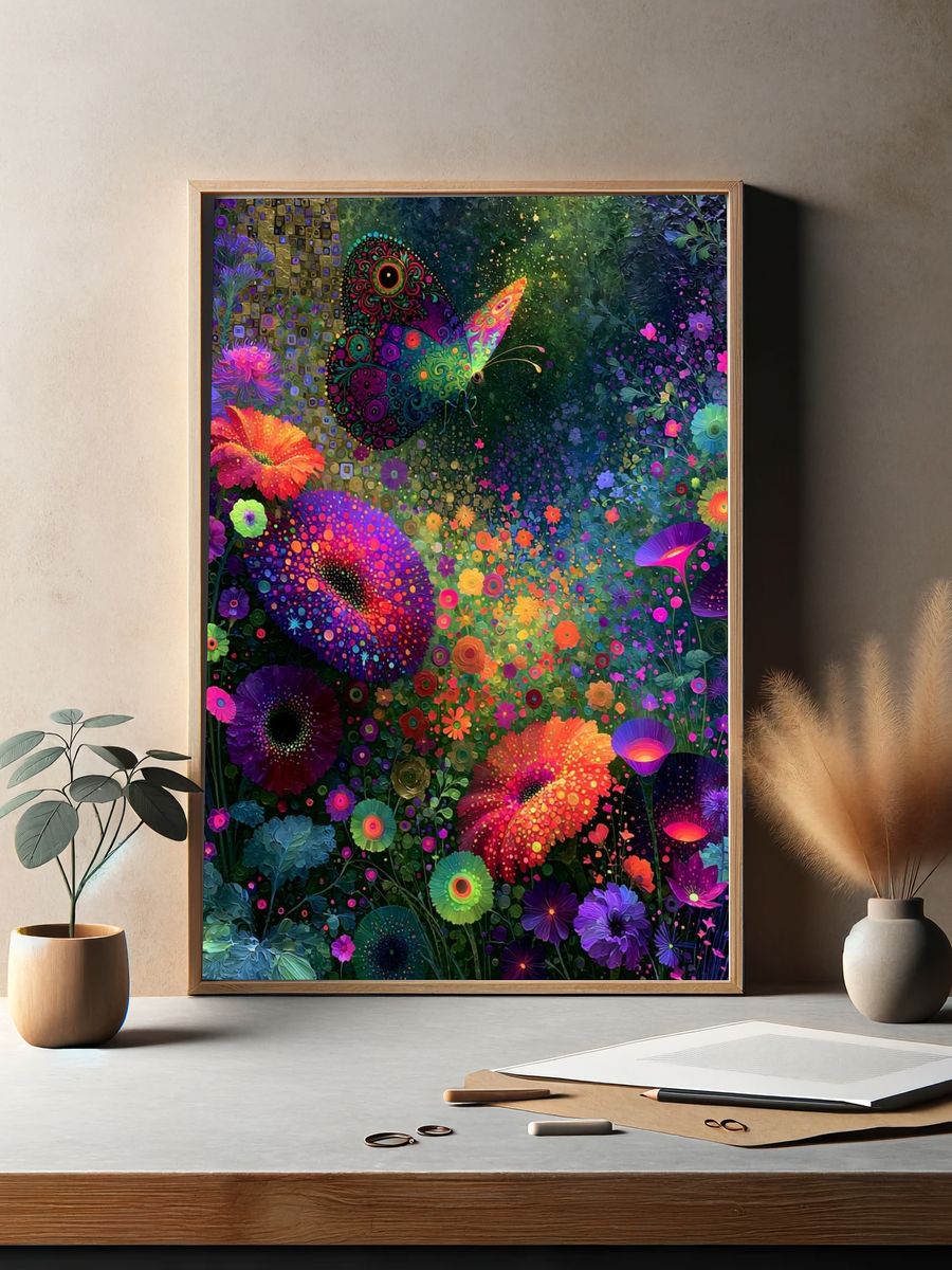 Neon Butterfly Garden Poster. — room view 2