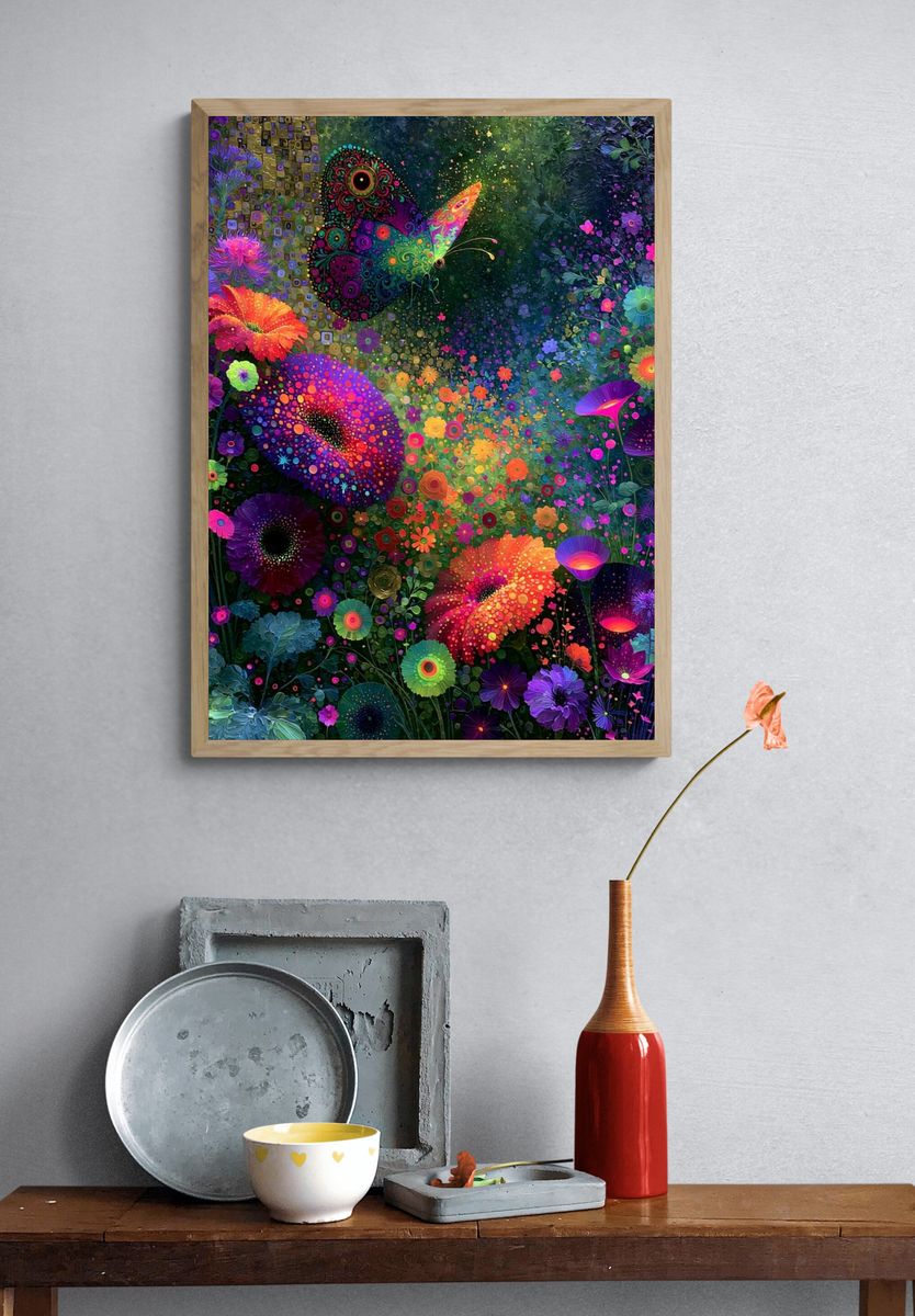 Neon Butterfly Garden Poster. — room view 3