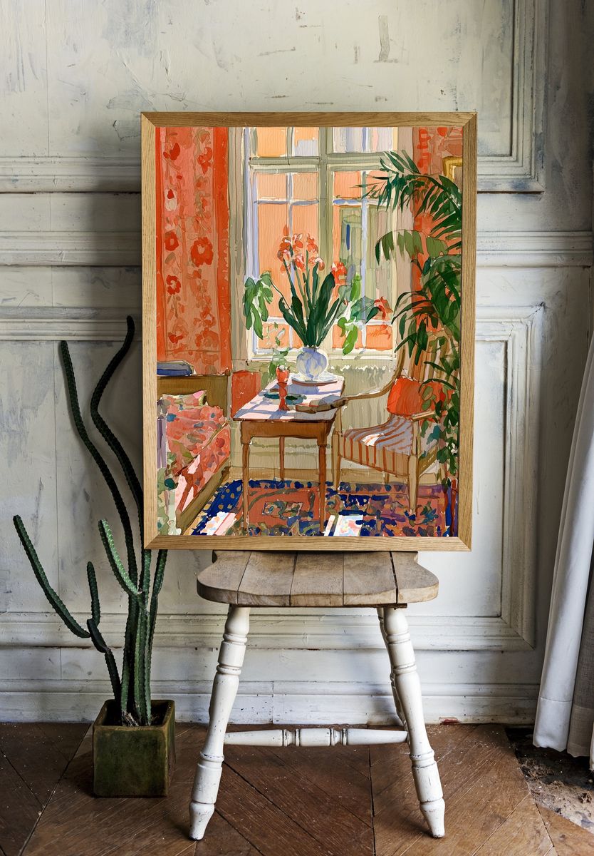 Sunlit Botanical Interior Watercolor Print. room preview