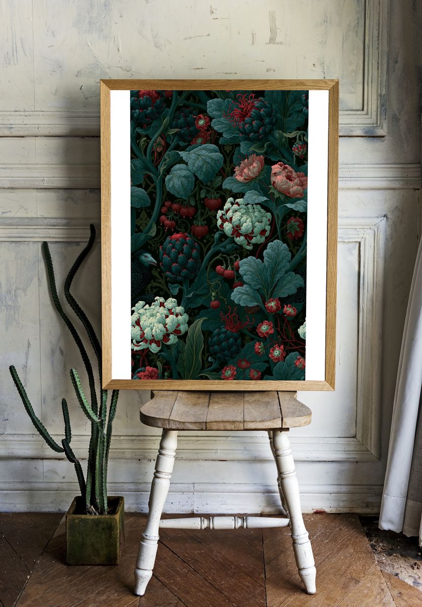 Dark Botanical Bloom Print. room preview