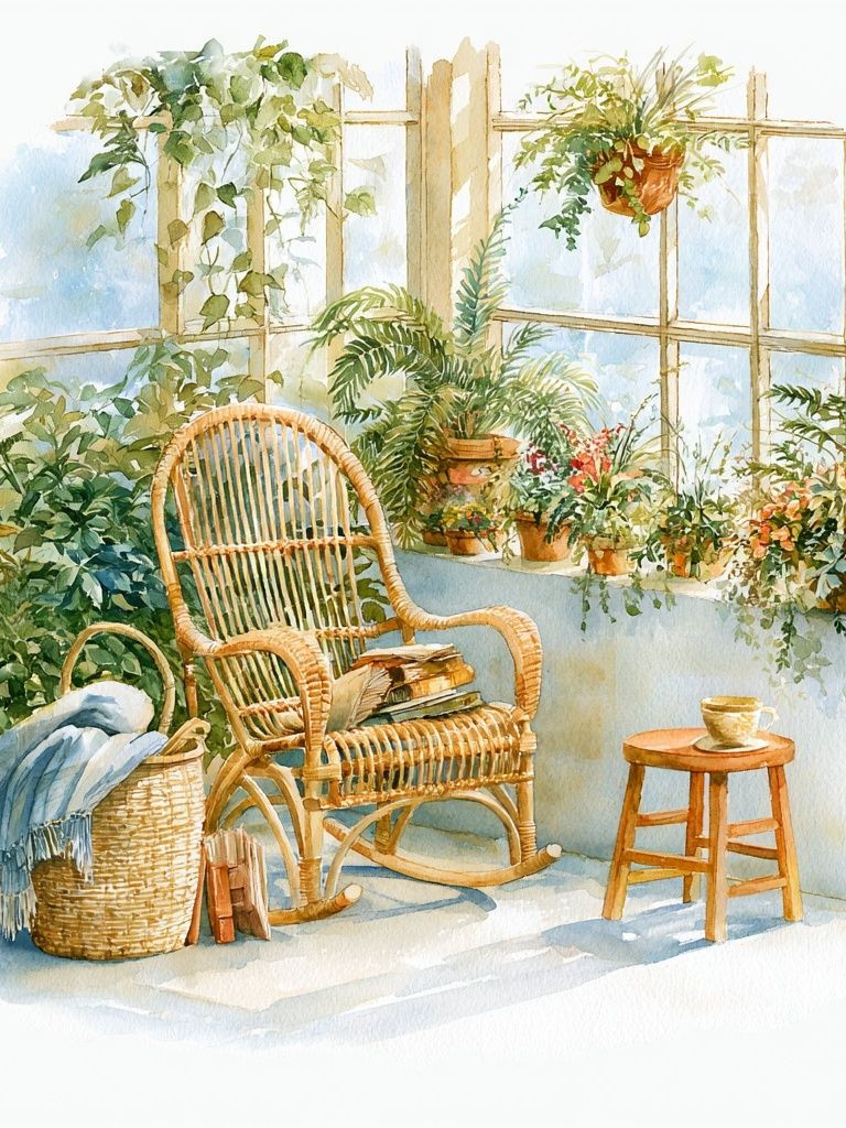 Sunlit Conservatory Watercolor Print. poster detail