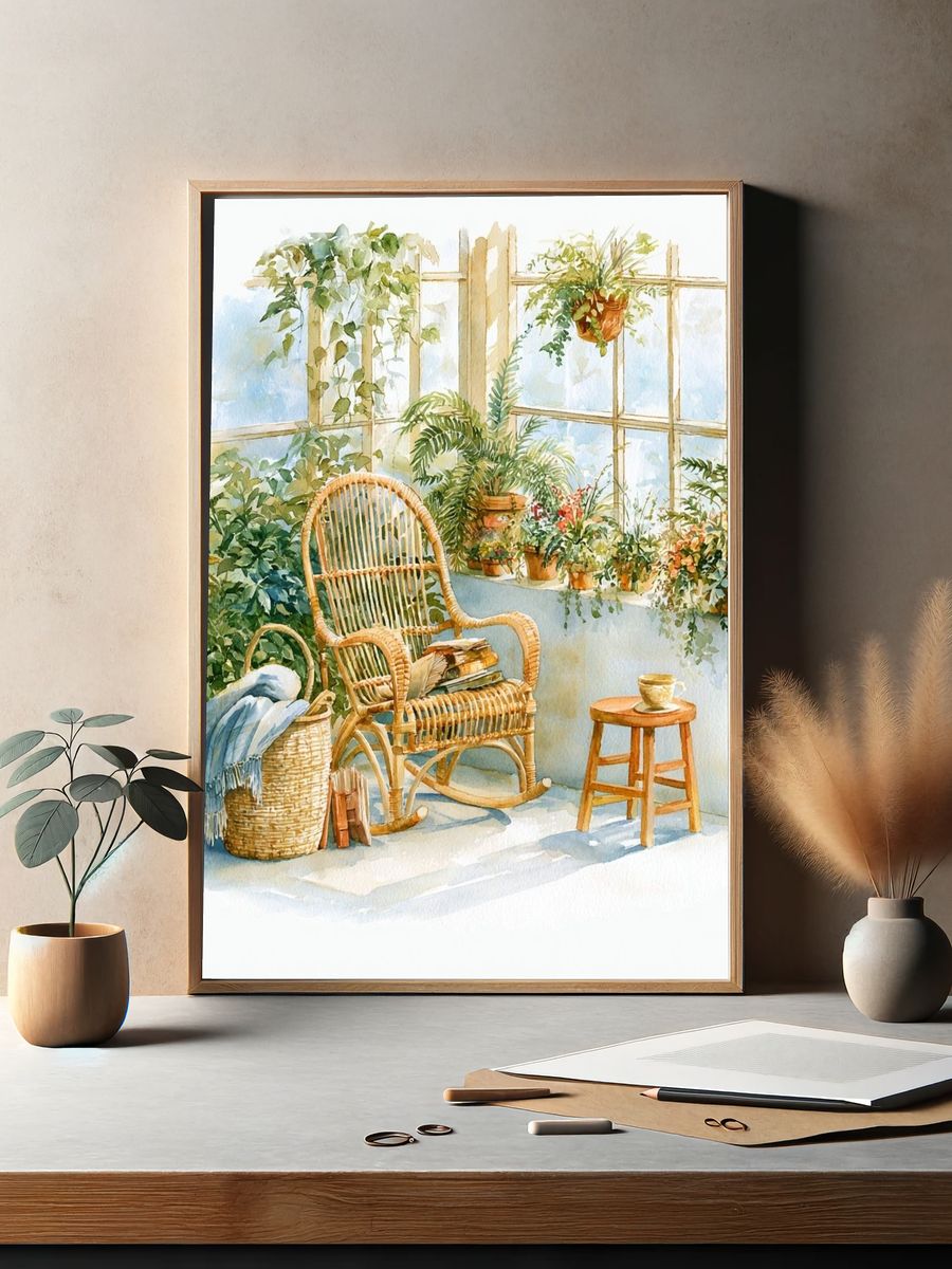 Sunlit Conservatory Watercolor Print. — room view 2