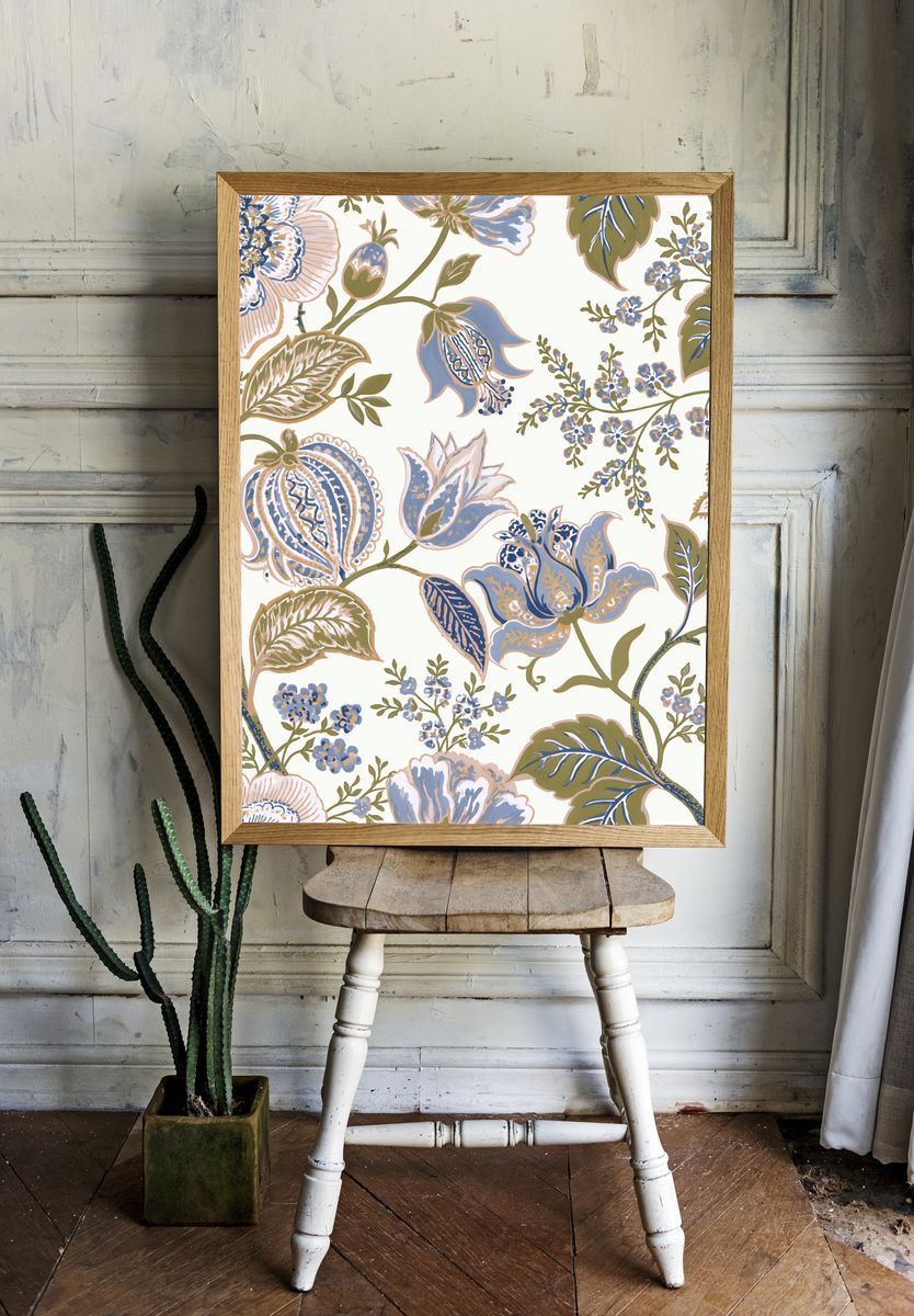 Blue Floral Vine Pattern Print. room preview