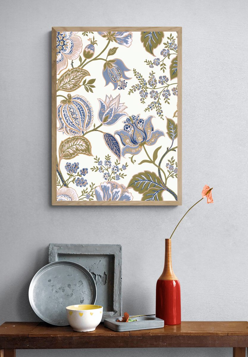 Blue Floral Vine Pattern Print. — room view 3