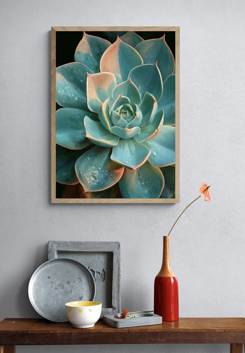 Blue Succulent Botanical Poster. — room view 3