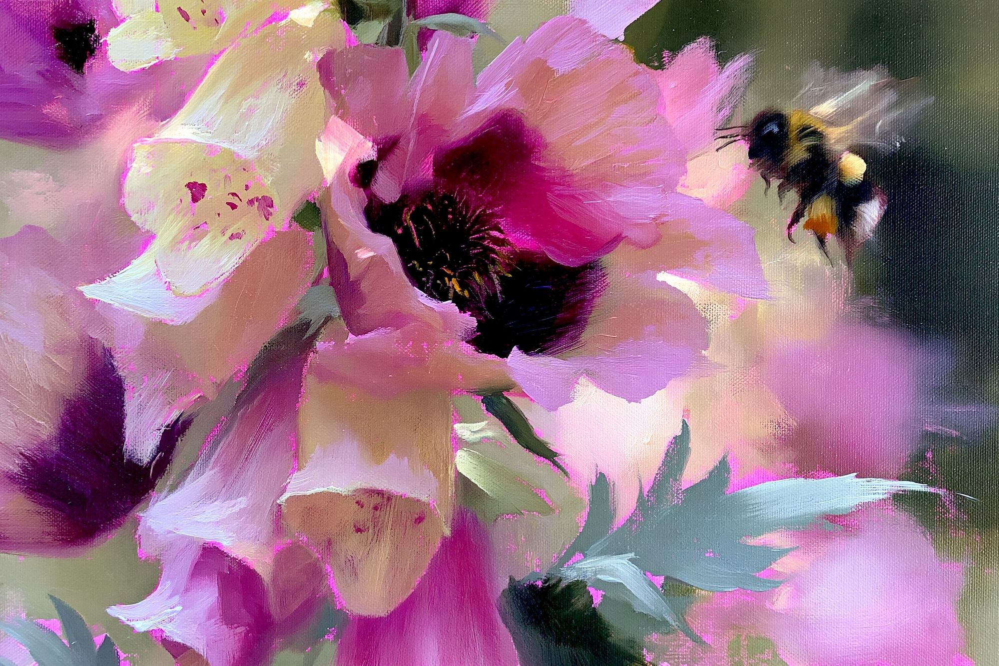Pink Peonies and Bumblebee Print. poster — botanical art
