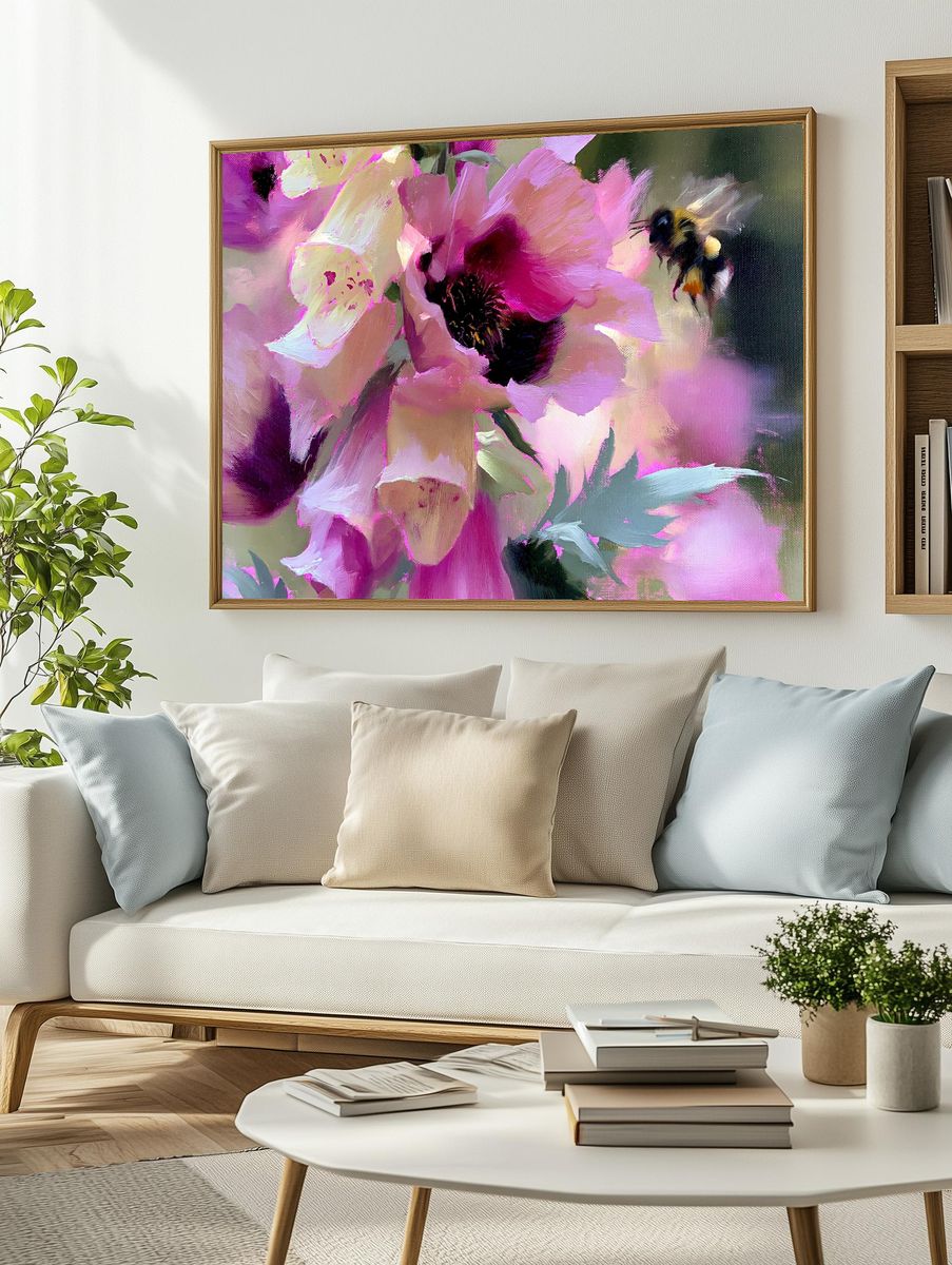 Pink Peonies and Bumblebee Print. — room view 2