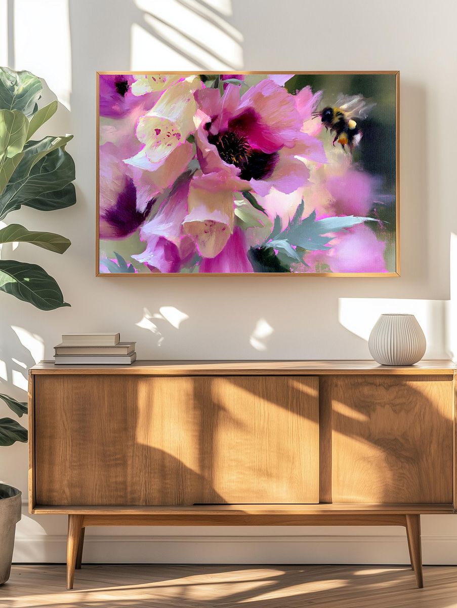 Pink Peonies and Bumblebee Print. — room view 3