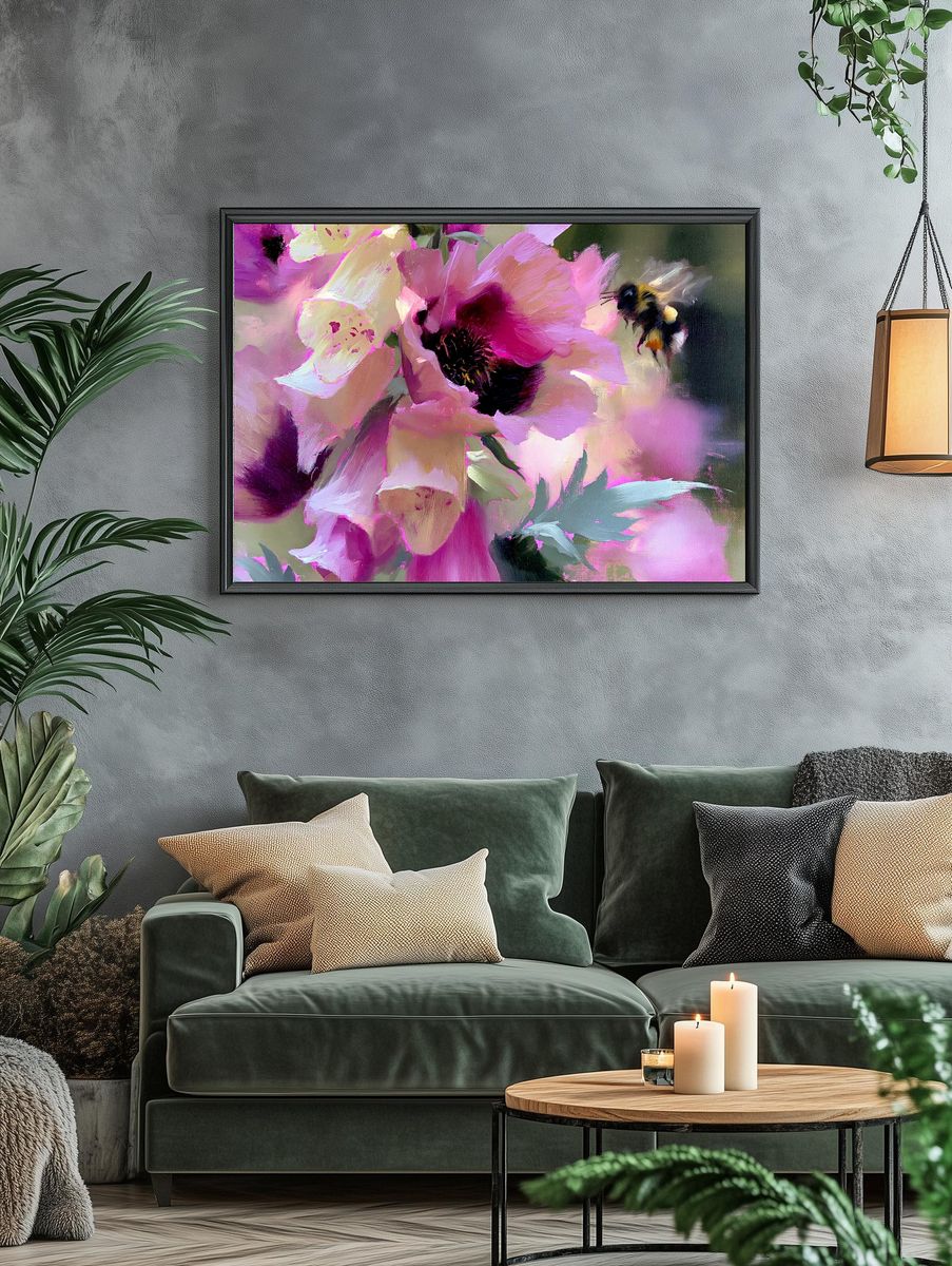 Pink Peonies and Bumblebee Print. — room view 4