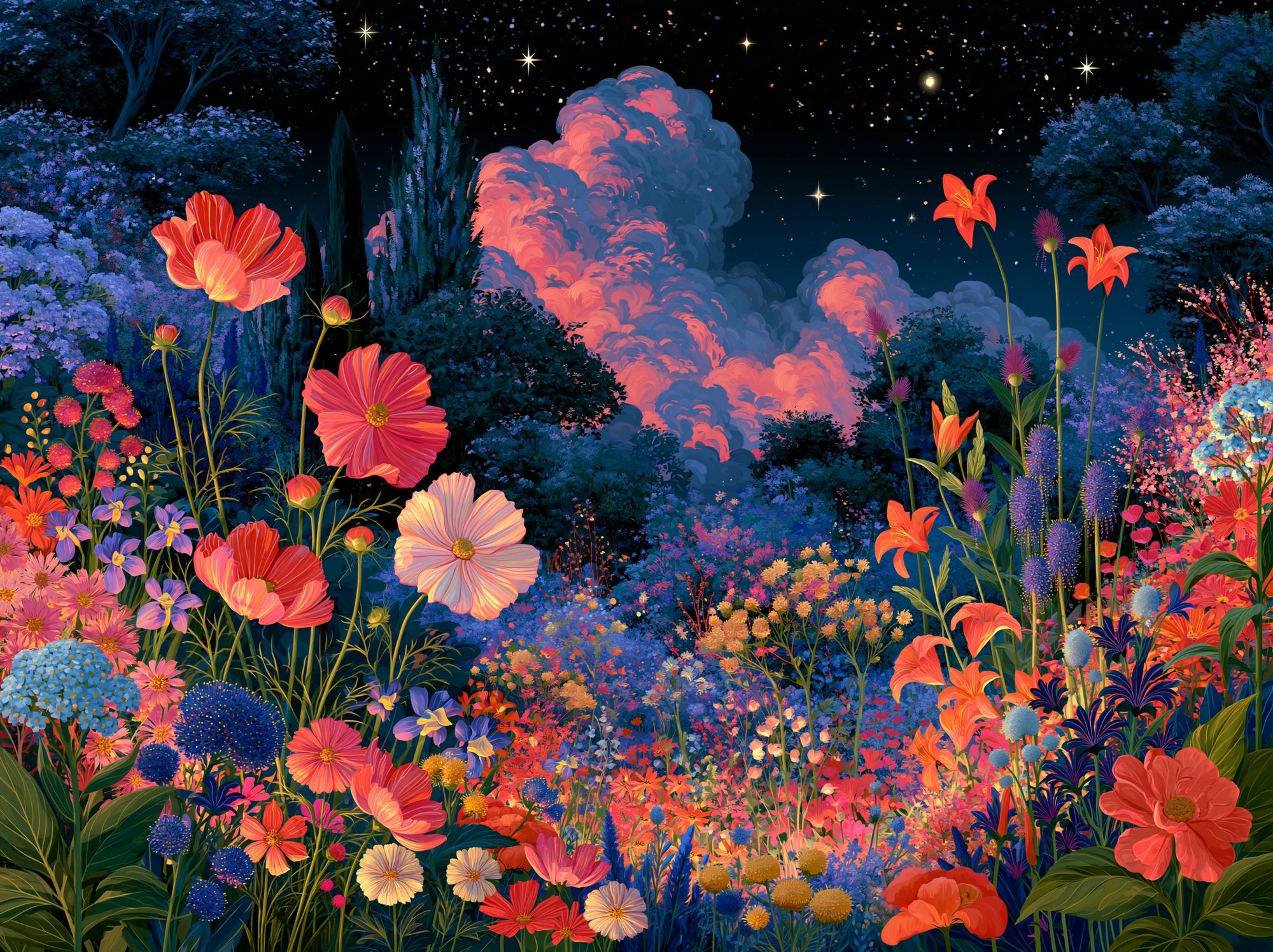 Moonlit Flower Garden Illustration Poster. poster — botanical art