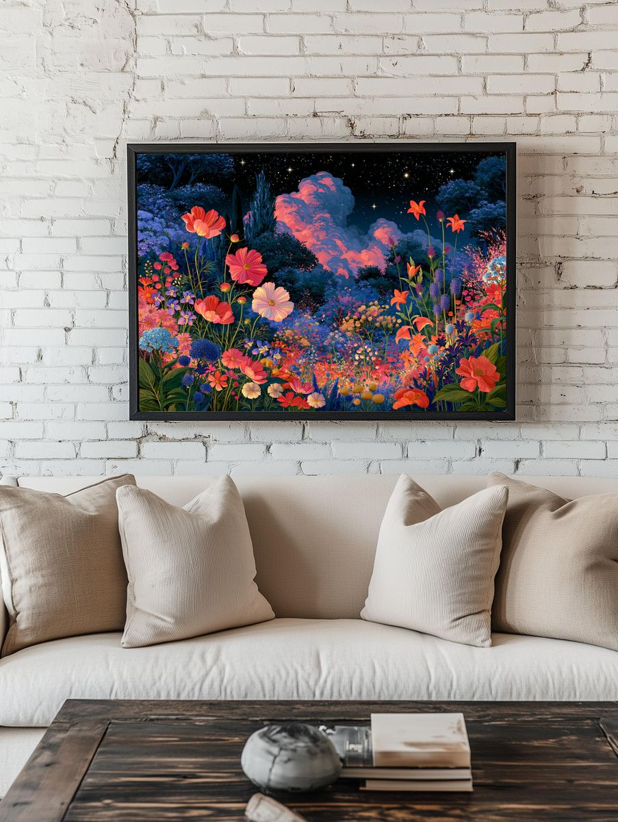 Moonlit Flower Garden Illustration Poster. — room view 1
