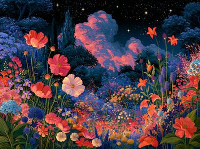 Moonlit Flower Garden Illustration Poster.