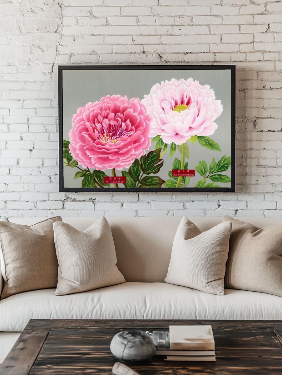 Pink peonies, vintage flower print. — room view 1