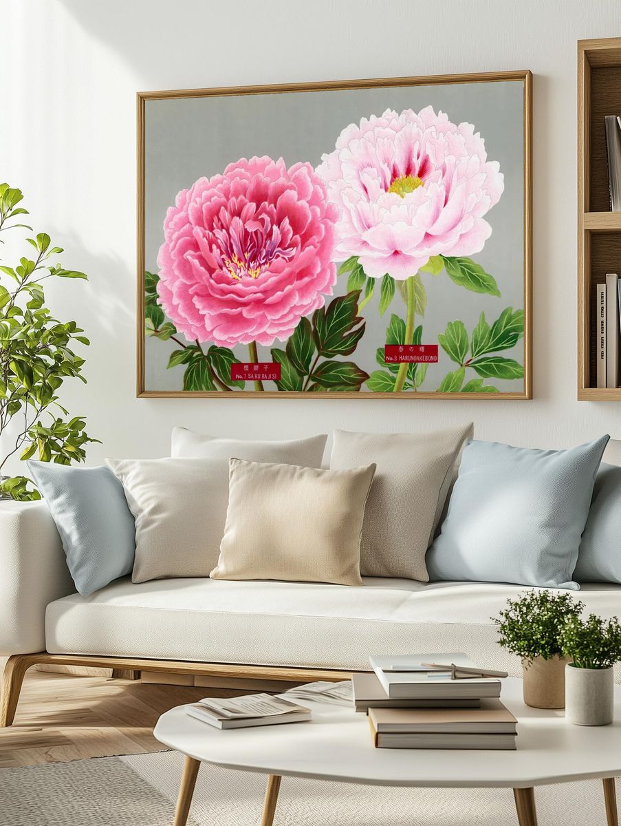 Pink peonies, vintage flower print. — room view 2
