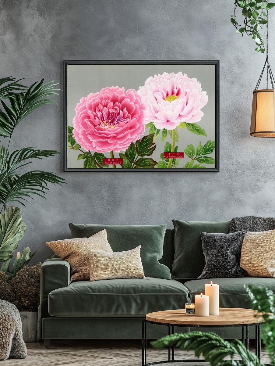 Pink peonies, vintage flower print. — room view 4