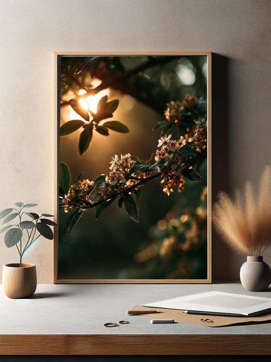 Golden Blossom Branch Photography Poster. — room view 2