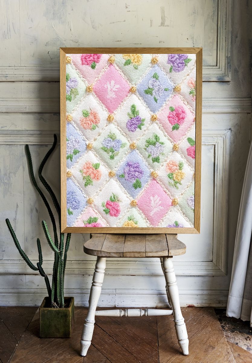Pastel Floral Quilt Pattern Print. room preview