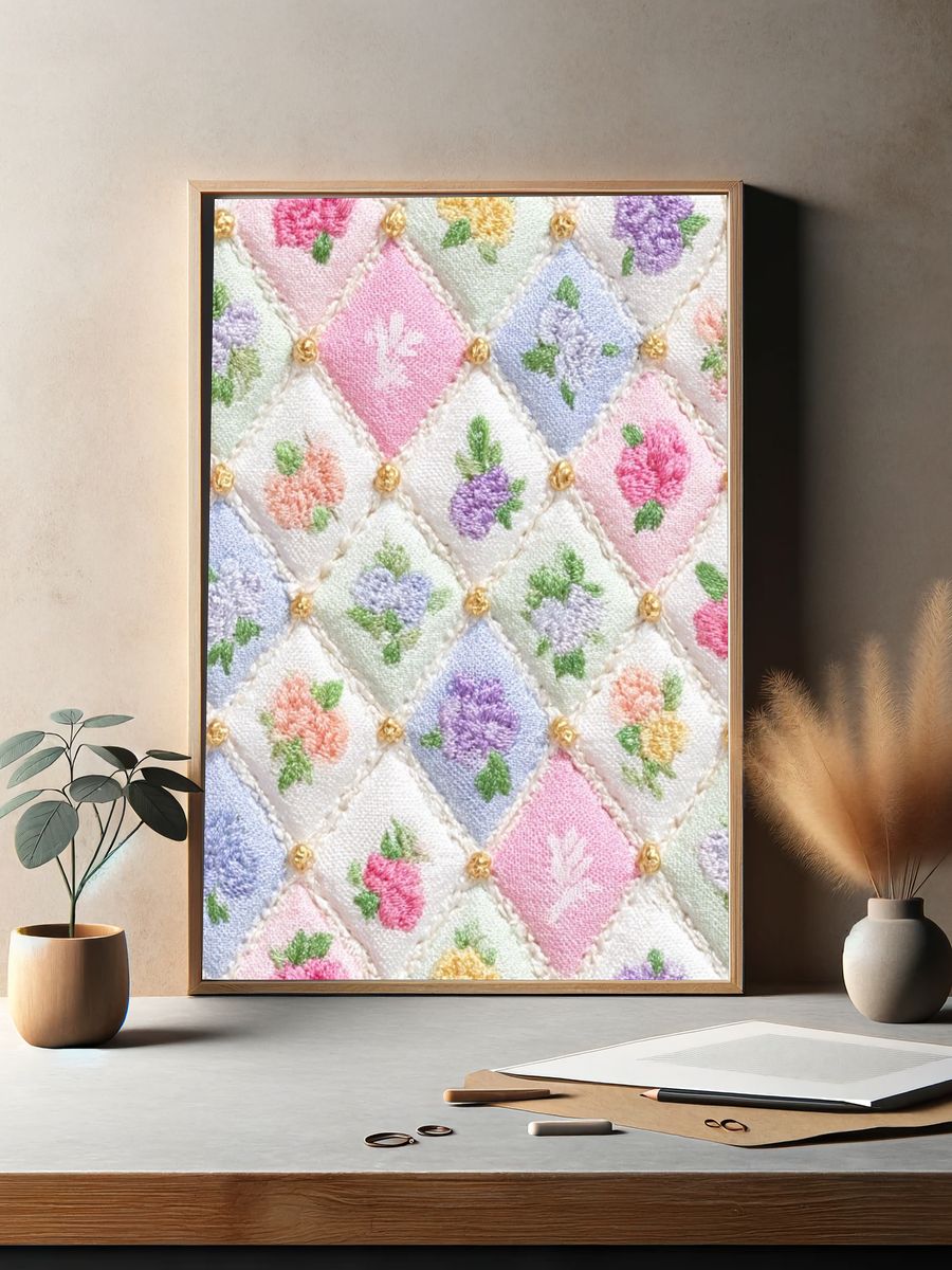 Pastel Floral Quilt Pattern Print. — room view 2