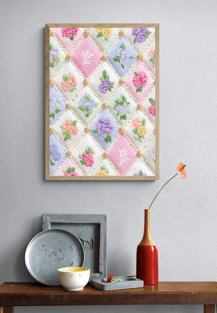 Pastel Floral Quilt Pattern Print. — room view 3