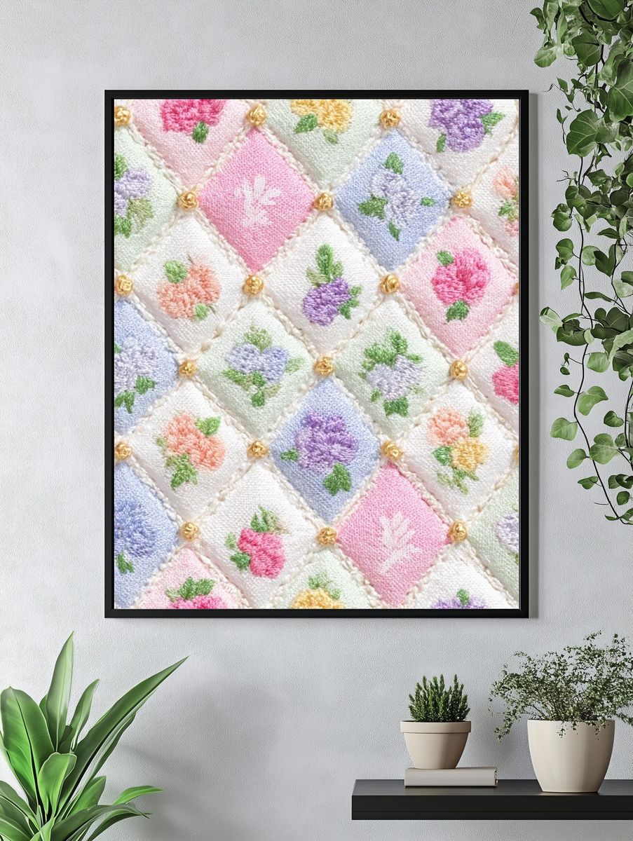 Pastel Floral Quilt Pattern Print. — room view 4