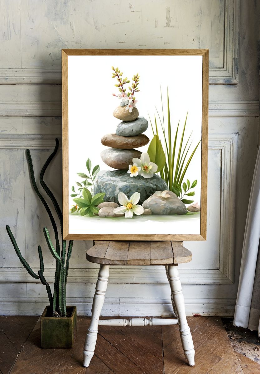 Zen Stone Stack Botanical Print. — room view 1