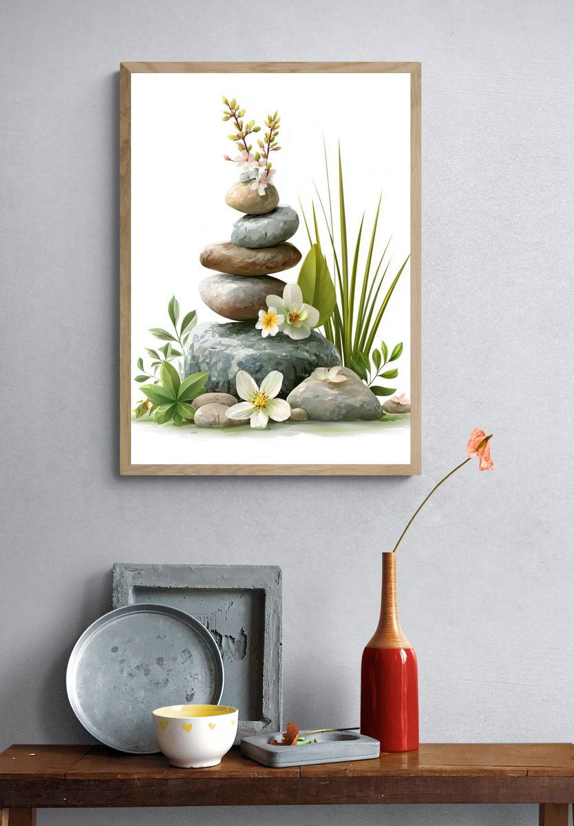 Zen Stone Stack Botanical Print. — room view 3
