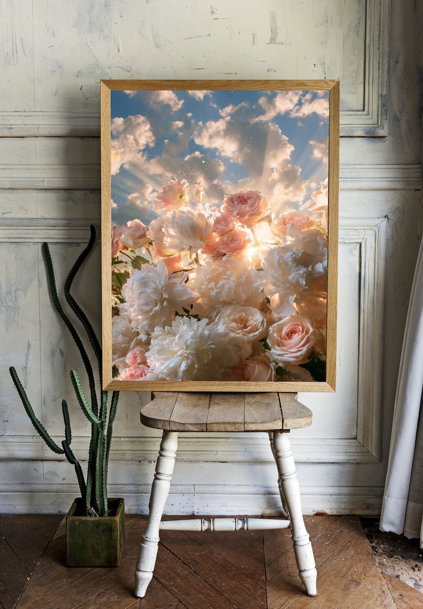 Sunlit Roses and Peonies Print. room preview