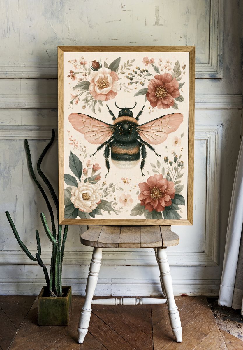 Floral Bumblebee Illustration Poster. room preview