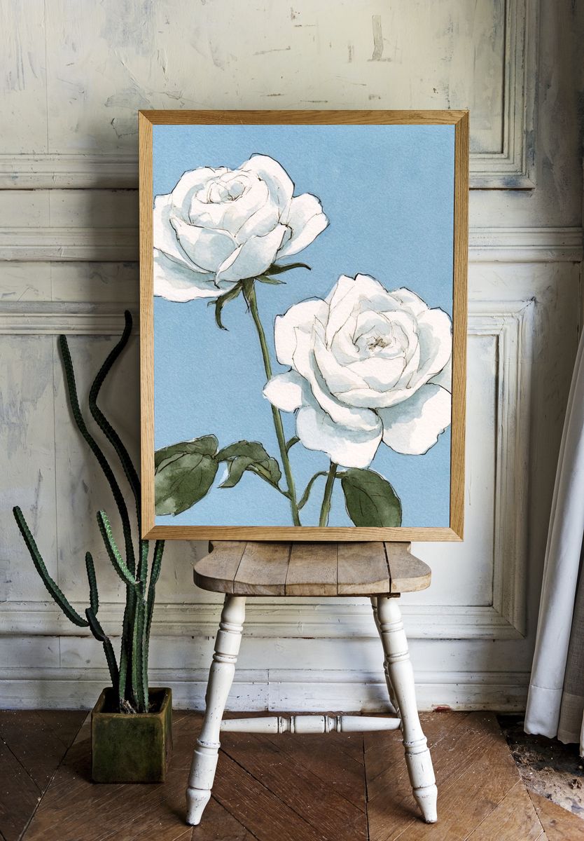 White Roses Watercolor Print. room preview