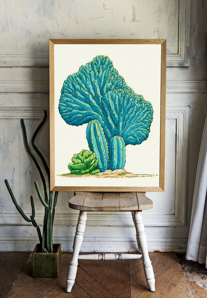 Blue Coral Cactus Watercolor Print. room preview
