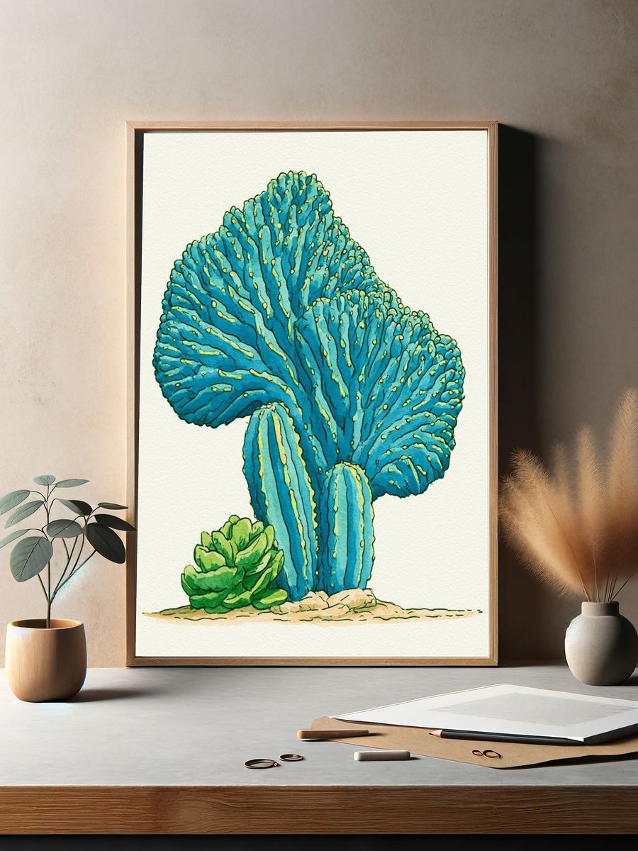 Blue Coral Cactus Watercolor Print. — room view 2