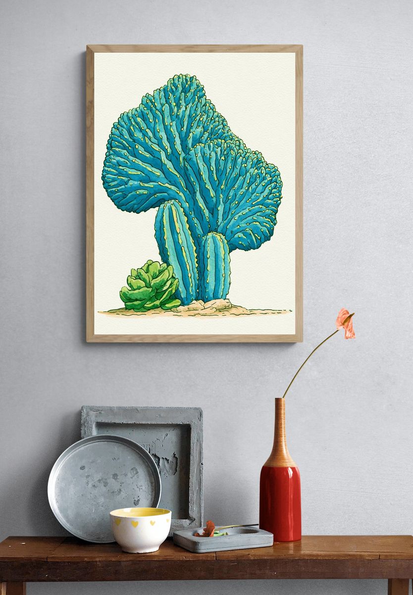 Blue Coral Cactus Watercolor Print. — room view 3