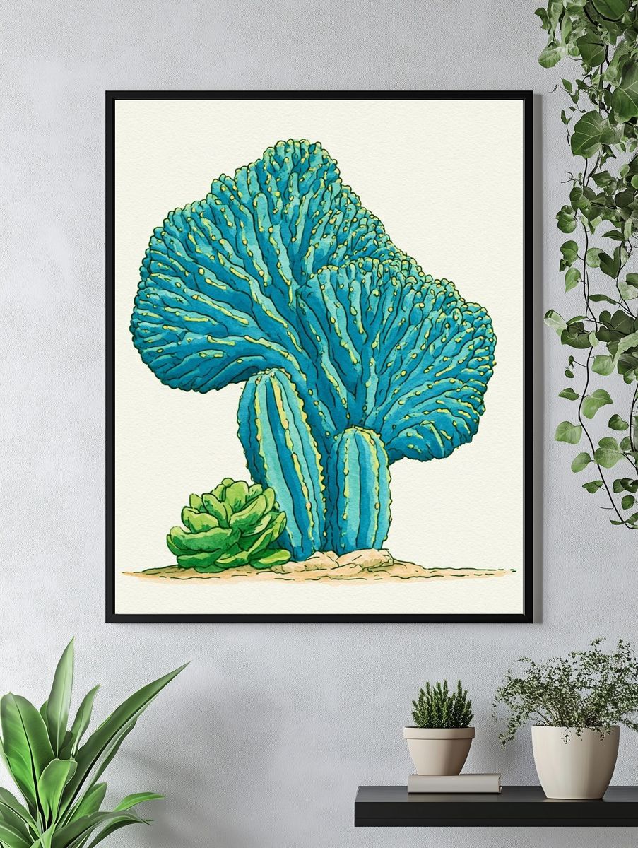 Blue Coral Cactus Watercolor Print. — room view 4