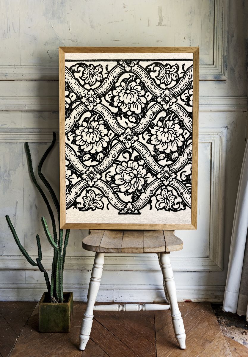 Floral Lattice Woodcut Print. — room view 1