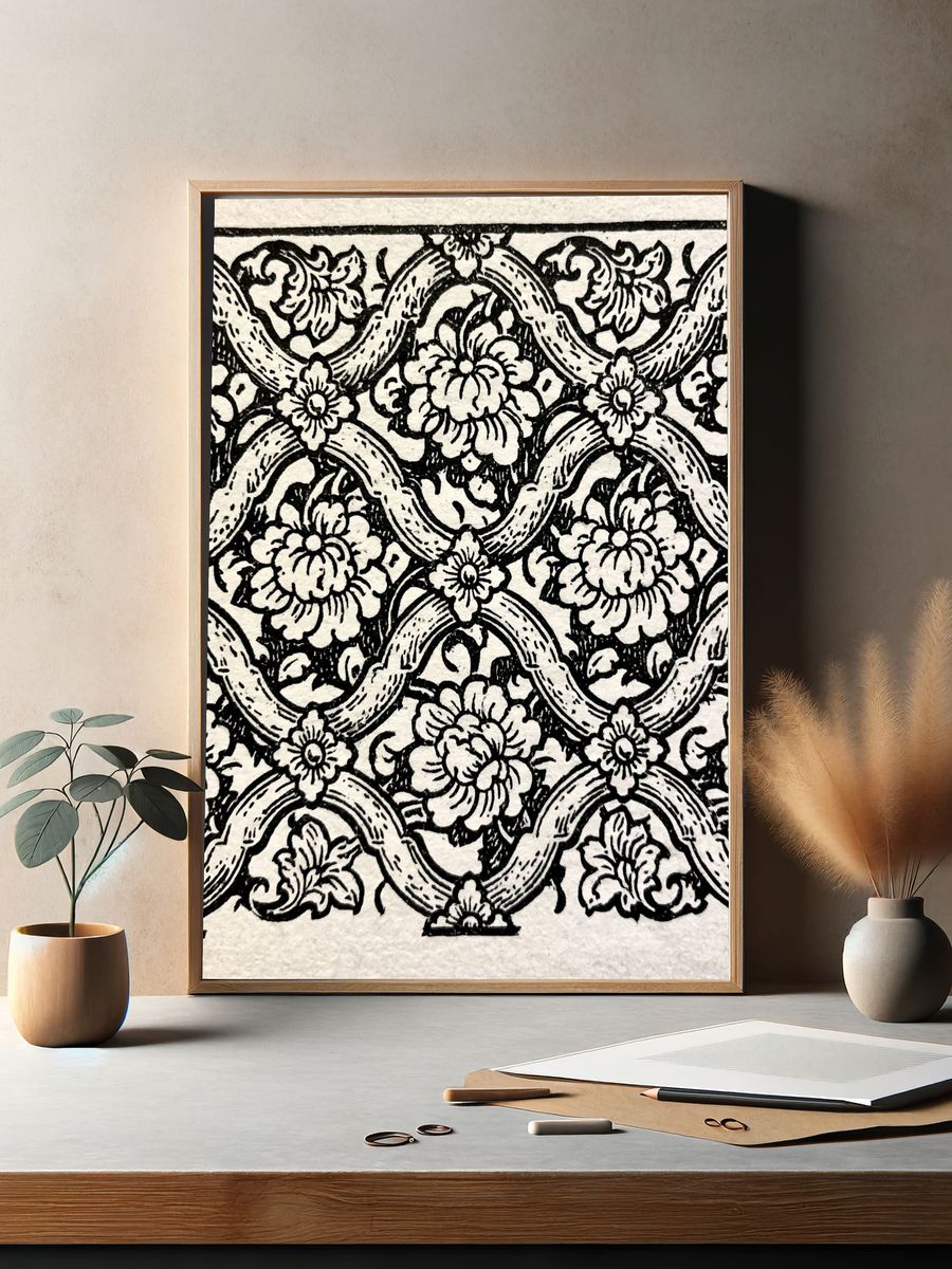 Floral Lattice Woodcut Print. — room view 2