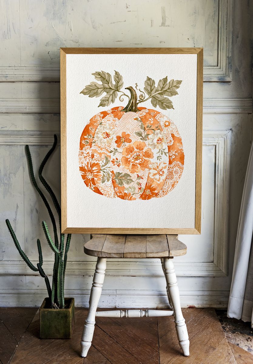 Floral Pumpkin Watercolor Poster. — room view 1