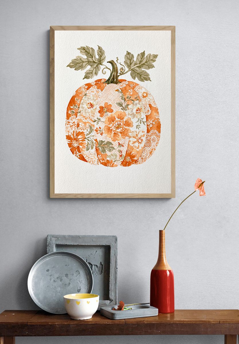 Floral Pumpkin Watercolor Poster. — room view 3