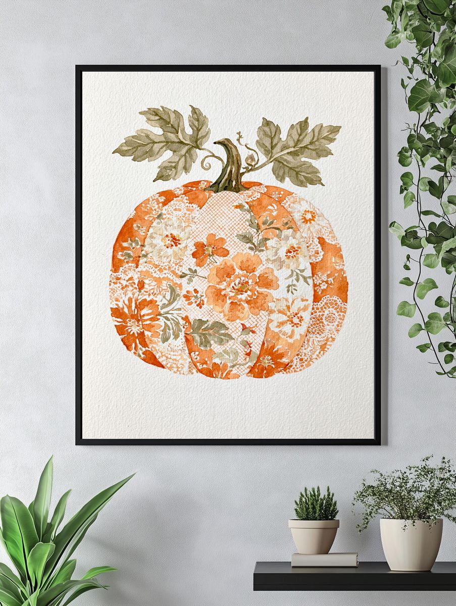 Floral Pumpkin Watercolor Poster. — room view 4
