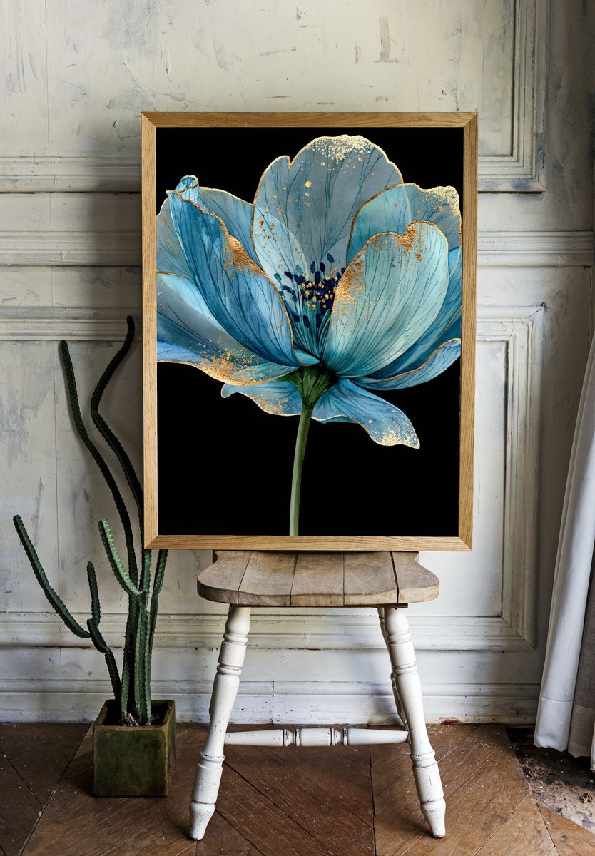 Blue Blossom Botanical Print. room preview