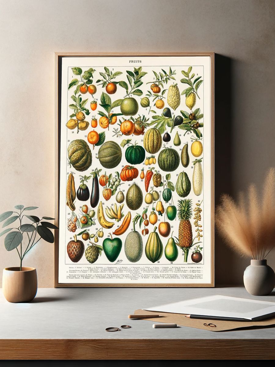 vintage illustration wide variety fruits. — room view 2