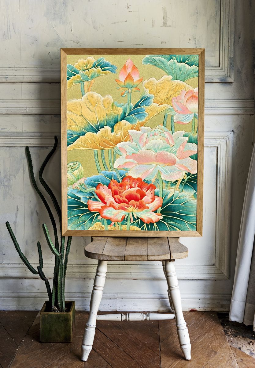 Lotus Bloom Botanical Print. room preview