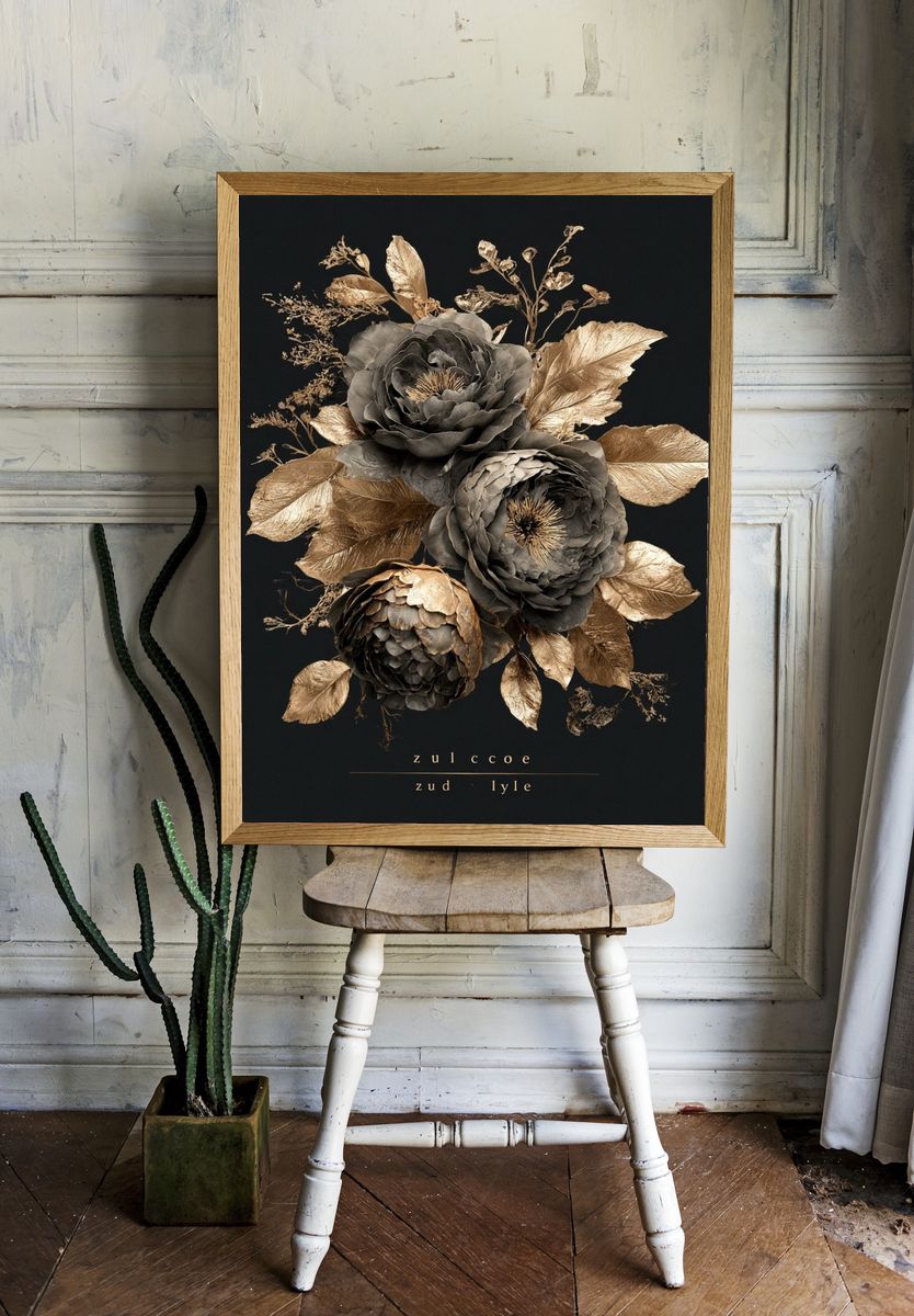 Golden Floral Bouquet Illustration Poster. room preview