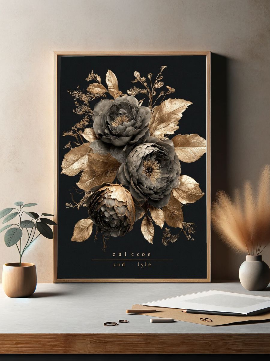 Golden Floral Bouquet Illustration Poster. — room view 2