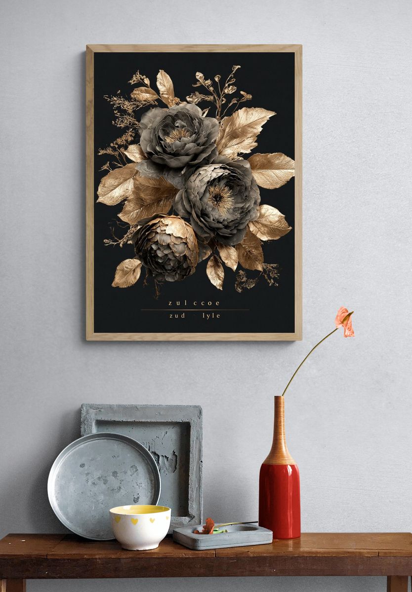 Golden Floral Bouquet Illustration Poster. — room view 3