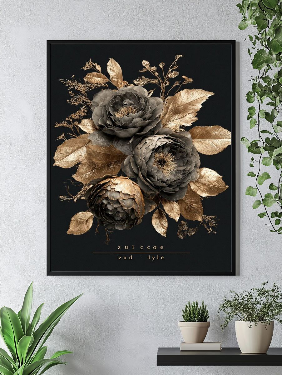 Golden Floral Bouquet Illustration Poster. — room view 4